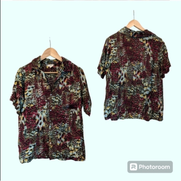 🖤❤️🩵 Anthropologie Tiny Postcard Viscose Rayon Short Sleeve Blouse, S - Picture 2 of 11